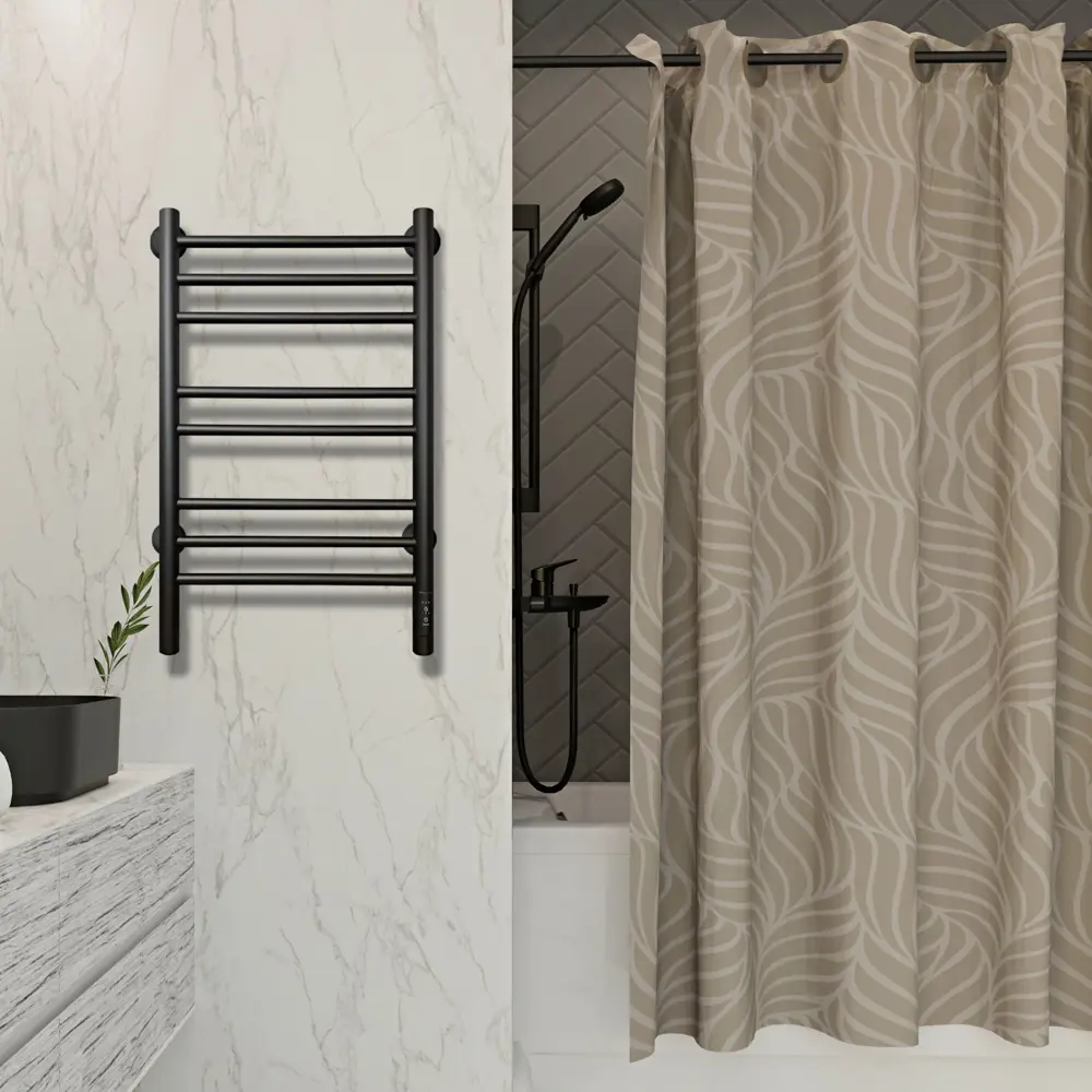 Фото Полотенцесушитель электрический Myspace Сomfy 400x700 мм 95 Вт с терморегулятором лесенка цвет черный Фото Полотенцесушитель электрический Myspace Сomfy 400x700 мм 95 Вт с терморегулятором лесенка цвет черный