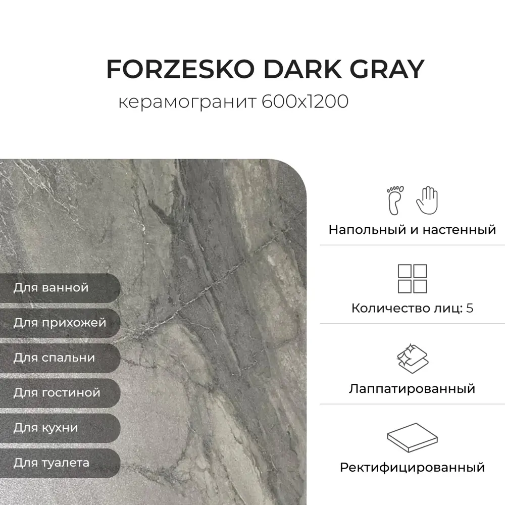 Фото 4 Керамогранит Керамопро Forzesko 60x120 см 2.16 м2 цвет темно-серый Фото 4 Керамогранит Керамопро Forzesko 60x120 см 2.16 м2 цвет темно-серый
