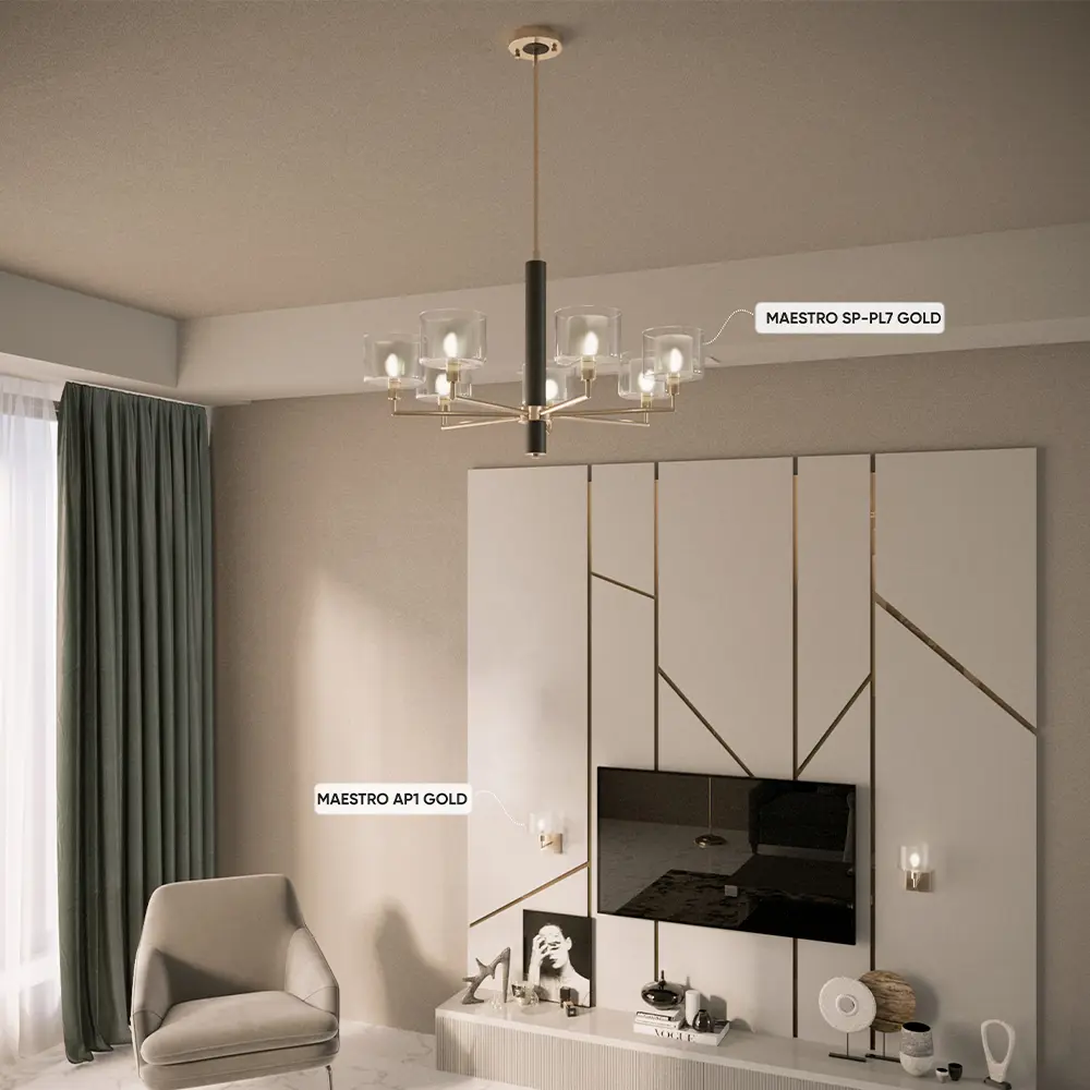 Фото 4 Светильник подвесной Crystal Lux Maestro sp-pl7 gold 7 ламп 17 м² цвет золото/черный Фото 4 Светильник подвесной Crystal Lux Maestro sp-pl7 gold 7 ламп 17 м² цвет золото/черный
