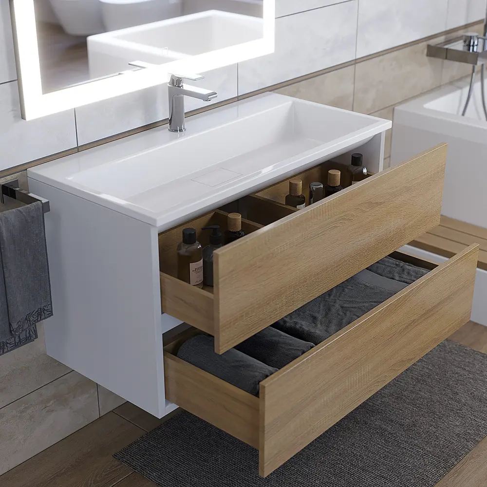 Фото 8 Тумба под раковину Uperwood 2937205251 90см цвет белый/дуб сонома Фото 8 Тумба под раковину Uperwood 2937205251 90см цвет белый/дуб сонома