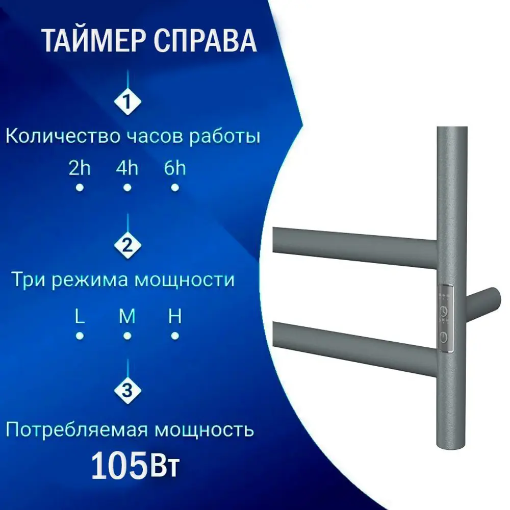 Фото 3 Полотенцесушитель электрический Bauedge M0093U В10 П7 400x800 мм 105 Вт с терморегулятором таймером справа и полкой лесенка цвет серый металлик Фото 3 Полотенцесушитель электрический Bauedge M0093U В10 П7 400x800 мм 105 Вт с терморегулятором таймером справа и полкой лесенка цвет серый металлик
