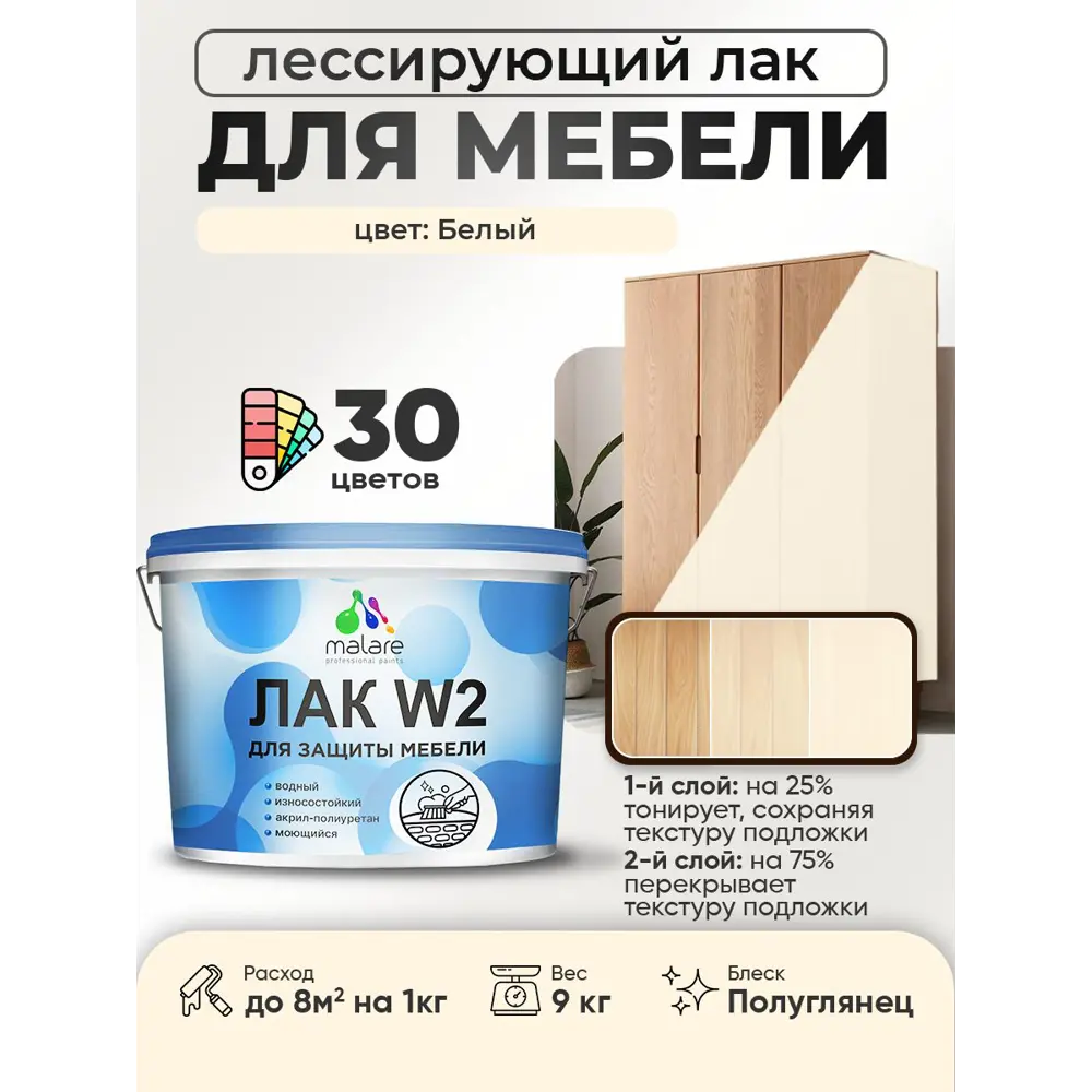 Фото Лак для мебели дерева и минеральных поверхностей тонирующий Malare Series W полуглянцевый белый 9 кг