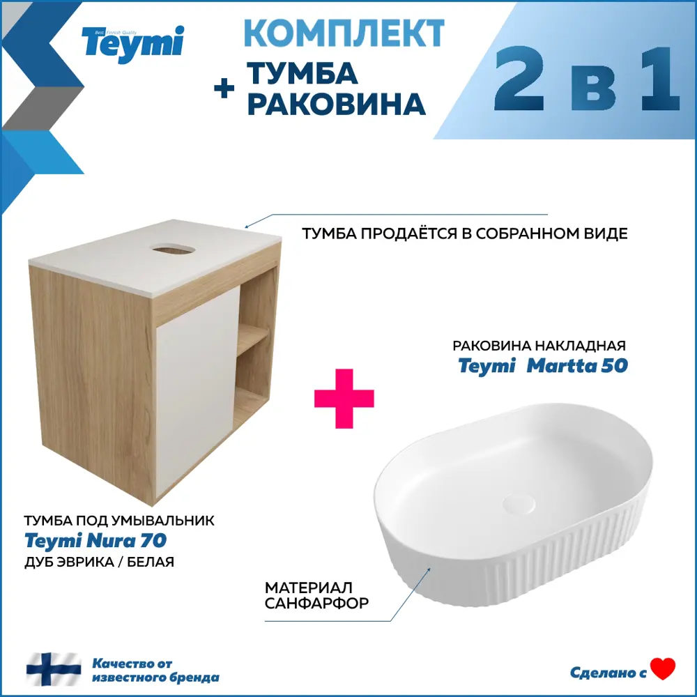Фото 2 Тумба подвесная для ванной Teymi F15149 Nura 70 см корпус дуб фасад белый с раковиной Martta 50 Фото 2 Тумба подвесная для ванной Teymi F15149 Nura 70 см корпус дуб фасад белый с раковиной Martta 50