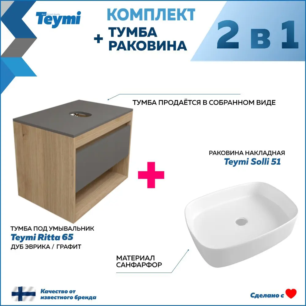 Фото 3 Комплект тумба под раковину Teymi Ritta 65 дуб эврика/графит матовый и раковина Solli 51 F03376 Фото 3 Комплект тумба под раковину Teymi Ritta 65 дуб эврика/графит матовый и раковина Solli 51 F03376