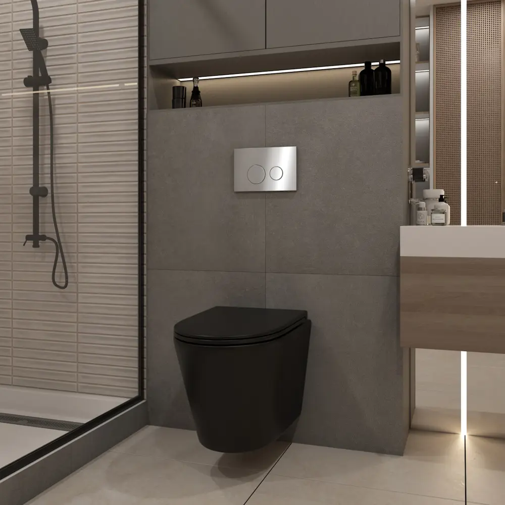 Фото 4 Комплект 5 в 1 инсталляция с унитазом Teymi F13924 унитаз подвесной безободковый черный Solli Black кнопка нержавеющая сталь Фото 4 Комплект 5 в 1 инсталляция с унитазом Teymi F13924 унитаз подвесной безободковый черный Solli Black кнопка нержавеющая сталь