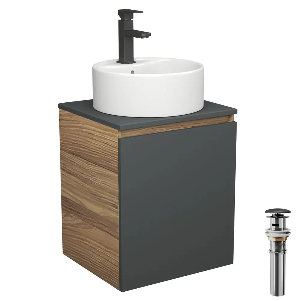 Фото Тумба Bauedge Bau Dream Blackwood 50 графит раковина BAU Element D40 белая смеситель Hotel Black черный выпуск клик клак черный Фото Тумба Bauedge Bau Dream Blackwood 50 графит раковина BAU Element D40 белая смеситель Hotel Black черный выпуск клик клак черный