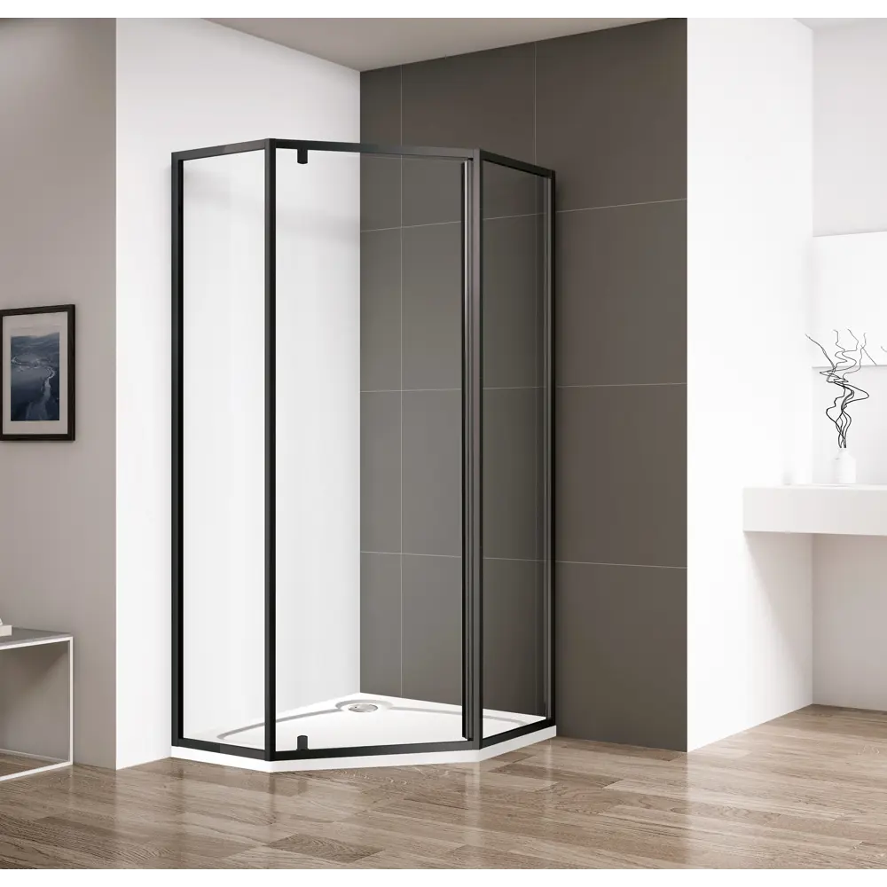 Фото 3 Душевой уголок Cezares ECO ECO-O-P-1-90-P-NERO пятиугольный 90x90см черный профиль эффект стекла матовый Фото 3 Душевой уголок Cezares ECO ECO-O-P-1-90-P-NERO пятиугольный 90x90см черный профиль эффект стекла матовый
