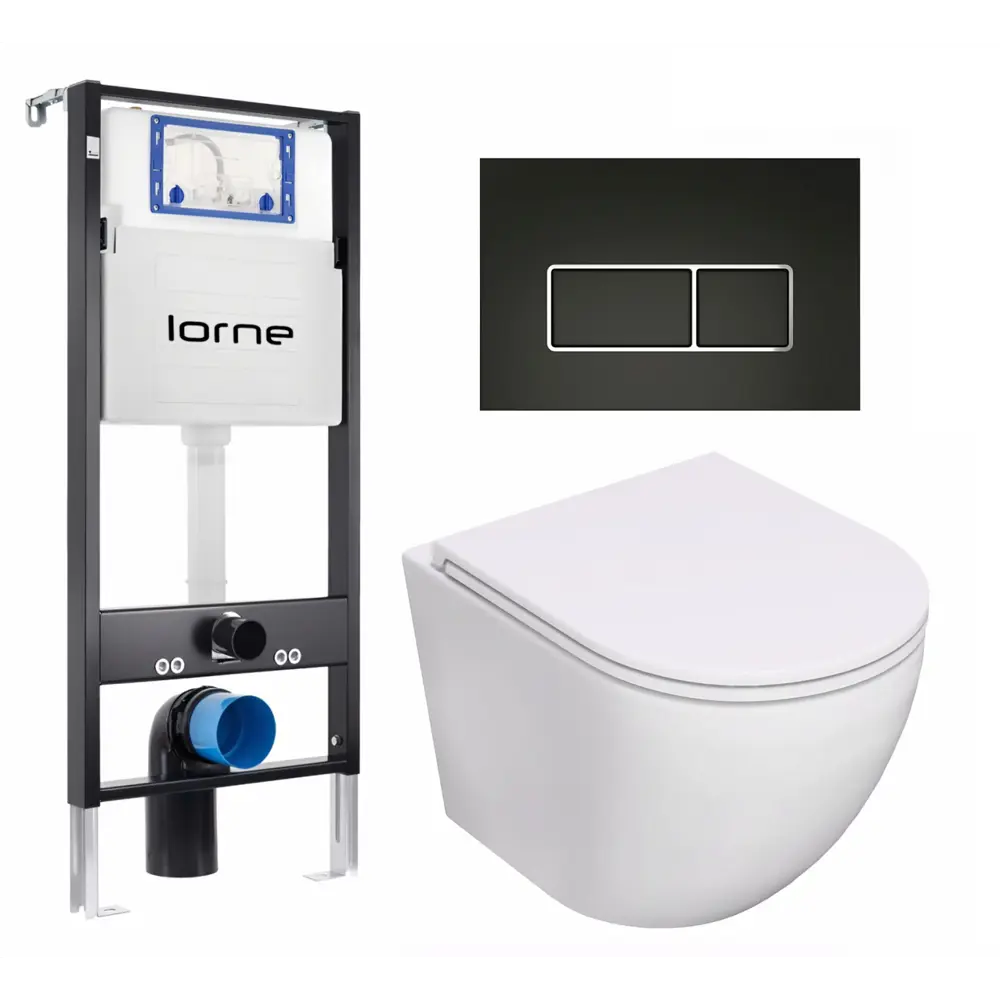 Фото Комплект 3 в 1 инсталляция Lorne Profi LN7002500 630170 с унитазом подвесным Lorne Pilpao LN5007501, кнопка черная матовая, окантовка хром Rectangle Фото Комплект 3 в 1 инсталляция Lorne Profi LN7002500 630170 с унитазом подвесным Lorne Pilpao LN5007501, кнопка черная матовая, окантовка хром Rectangle