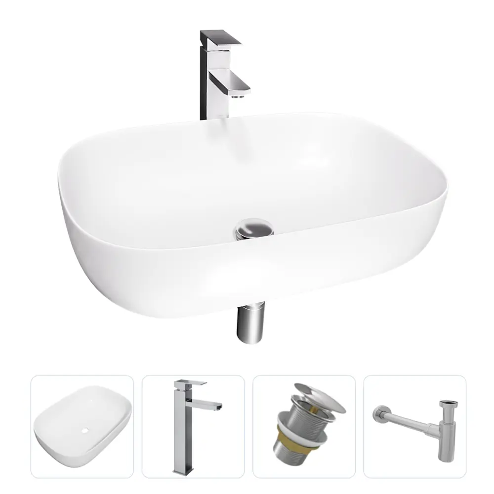 Фото Комплект Teymi 4 в 1: раковина Solli 60 накладная смеситель Helmi Pro высокий, хром донный клапан без перелива сифон F13018 Фото Комплект Teymi 4 в 1: раковина Solli 60 накладная смеситель Helmi Pro высокий, хром донный клапан без перелива сифон F13018