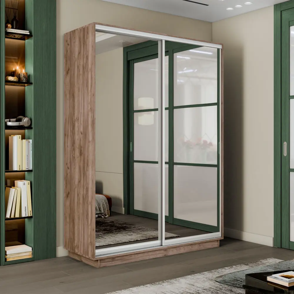 Фото 2 Шкаф-купе с зеркалом МК Е1-Юг Экспресс 220x120x60 см 7 полок ЛДСП цвет крафт табачный