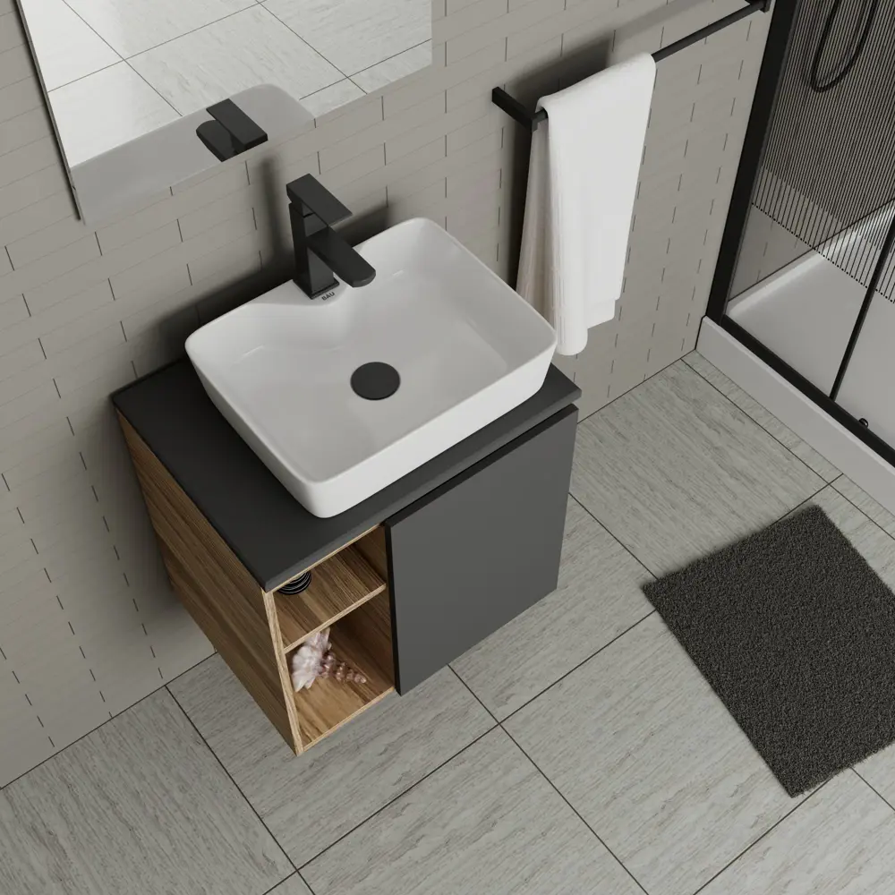 Фото 2 Тумба Bauedge Bau Dream Blackwood 60 правая SD4363, графит, раковина Cerama 48x37 белая, смеситель Hotel Black, черный, выпуск клик клак черный Фото 2 Тумба Bauedge Bau Dream Blackwood 60 правая SD4363, графит, раковина Cerama 48x37 белая, смеситель Hotel Black, черный, выпуск клик клак черный