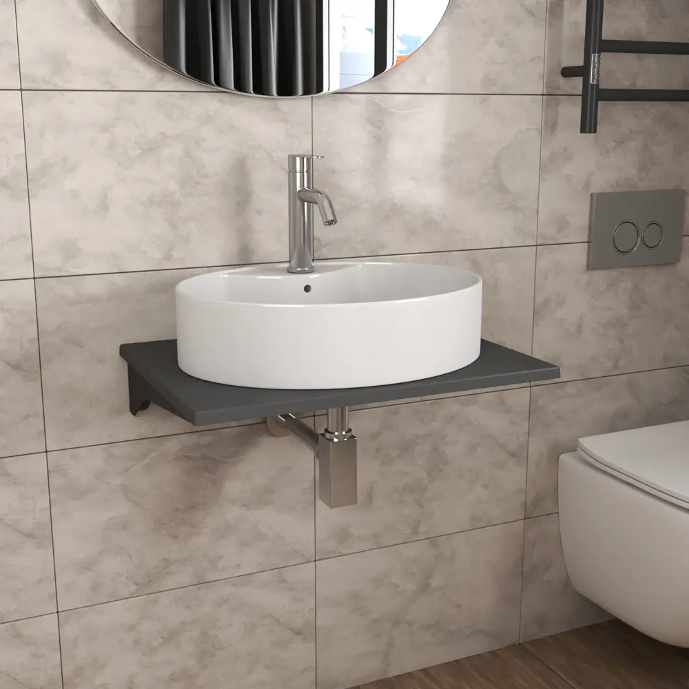 Фото 2 Комплект BAUEDGE BF1261: столешница кварц 60 см с кронштейнами серый раковина Nimb 51x41, смеситель Dream нерж.сталь, выпуск и сифон Stil хром Фото 2 Комплект BAUEDGE BF1261: столешница кварц 60 см с кронштейнами серый раковина Nimb 51x41, смеситель Dream нерж.сталь, выпуск и сифон Stil хром
