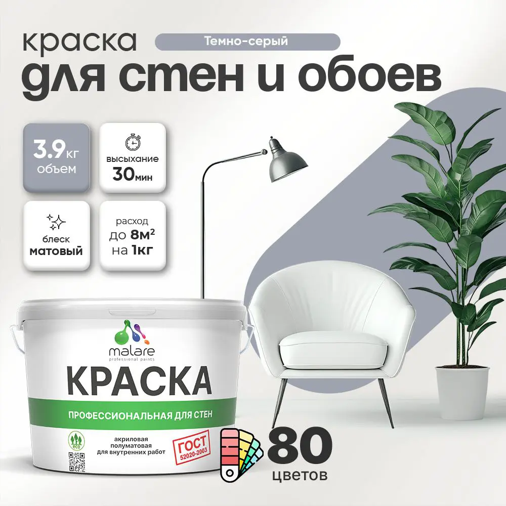 Фото Краска для стен Malare Professional без запаха матовая цвет темно-серый 2.7л Фото Краска для стен Malare Professional без запаха матовая цвет темно-серый 2.7л