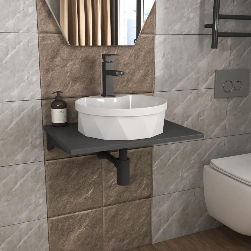 Фото 2 Комплект: Столешница кварц 60 см раковина BAUEDGE Element Cristal D40 смеситель Hotel Black выпуск и сифон Dream BF1313 Фото 2 Комплект: Столешница кварц 60 см раковина BAUEDGE Element Cristal D40 смеситель Hotel Black выпуск и сифон Dream BF1313