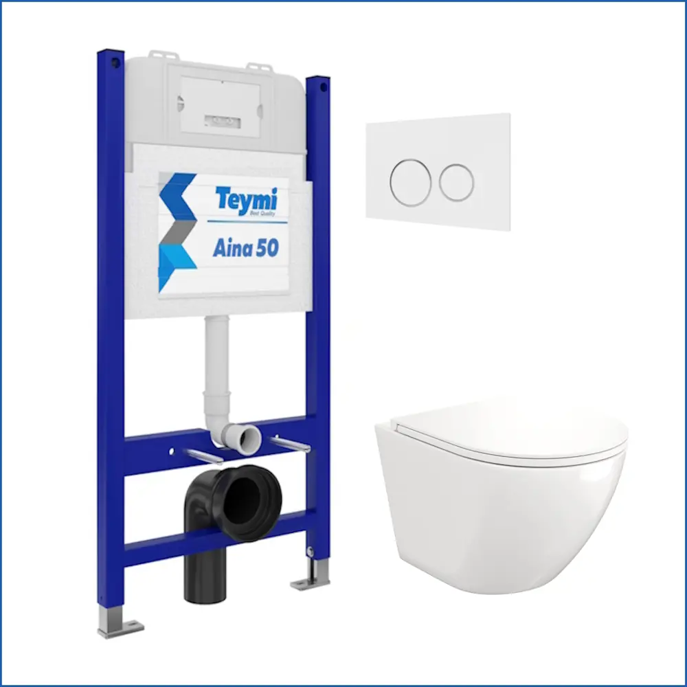 Фото 2 Инсталляция с унитазом комплект 5 в 1 Teymi F13418 унитаз подвесной безободковый Lina S кнопка белая/хром