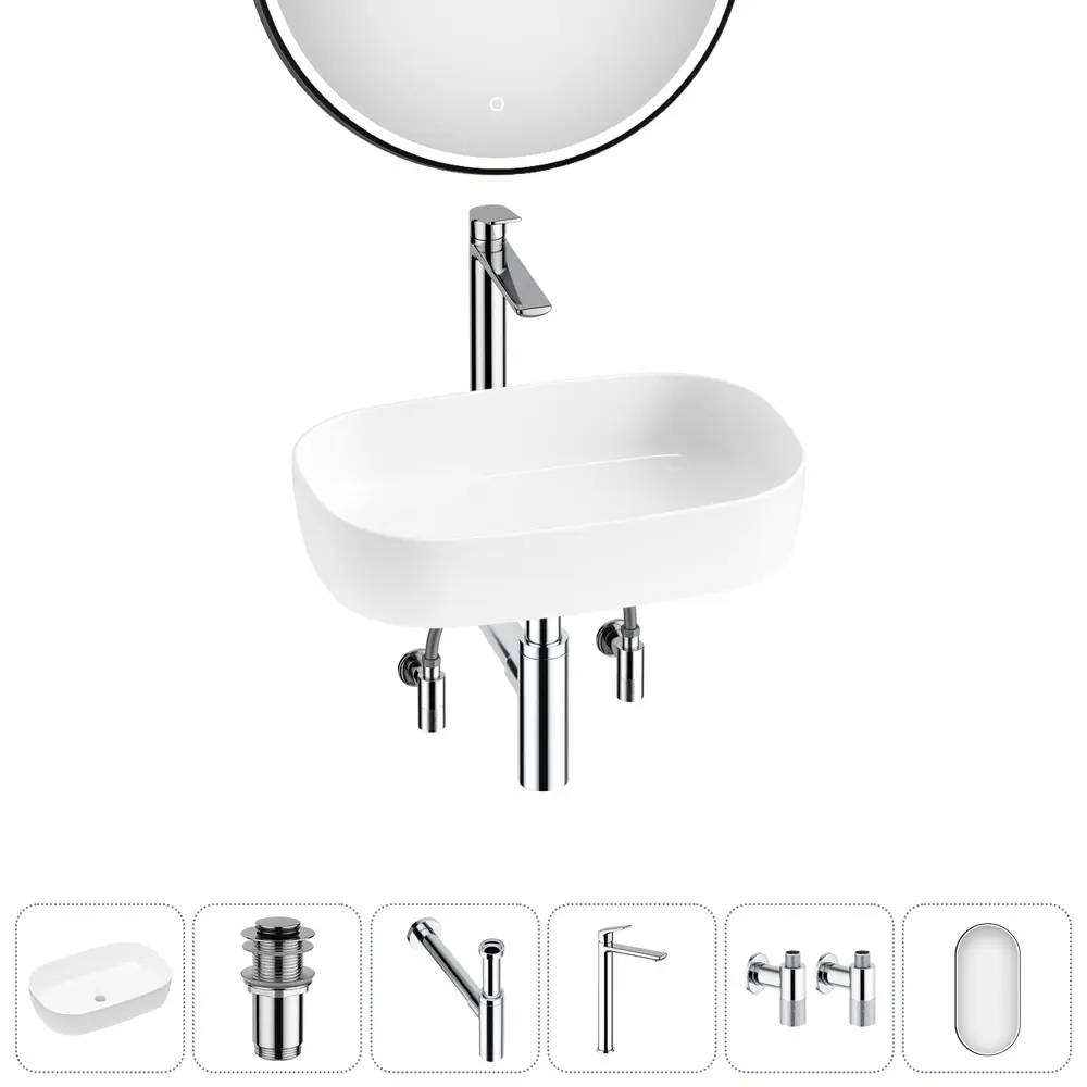Фото Раковина для ванной накладная Lavinia Boho Bathroom Sink 20217539R с донным клапаном, сифоном, смесителем, вентилями и зеркалом Фото Раковина для ванной накладная Lavinia Boho Bathroom Sink 20217539R с донным клапаном, сифоном, смесителем, вентилями и зеркалом