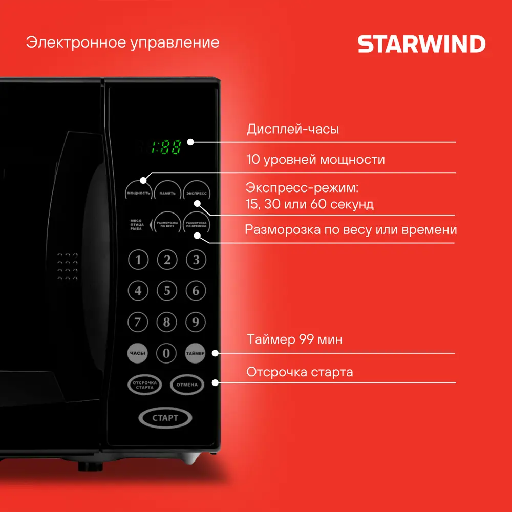 Фото 2 Отдельностоящая микроволновая печь Starwind SMW4420 20 л 45.2x26.2x33.5 см цвет черный Фото 2 Отдельностоящая микроволновая печь Starwind SMW4420 20 л 45.2x26.2x33.5 см цвет черный