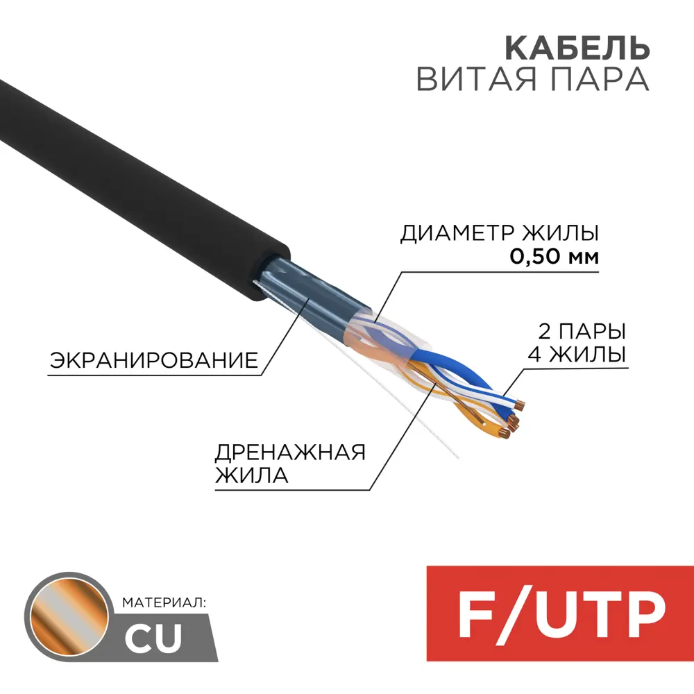 Фото 2 Кабель витая пара Rexant F/UTP CAT 5e PE 2PR 24AWG outdoor solid черный 305 м Фото 2 Кабель витая пара Rexant F/UTP CAT 5e PE 2PR 24AWG outdoor solid черный 305 м