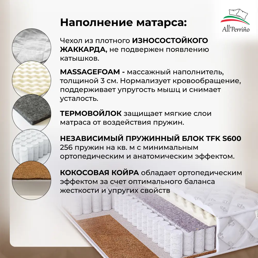 Фото 2 Матрас All'perrino Sovana Dante Sov180/200/600Dn 180x200x18 см независимый пружинный блок 2-спальный Фото 2 Матрас All'perrino Sovana Dante Sov180/200/600Dn 180x200x18 см независимый пружинный блок 2-спальный
