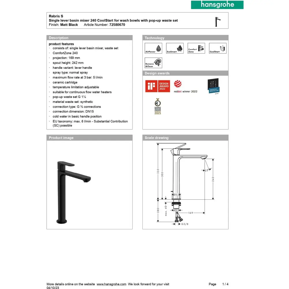 Фото 5 Смеситель для раковины Hansgrohe 72580670 однорычажный цвет черный матовый Фото 5 Смеситель для раковины Hansgrohe 72580670 однорычажный цвет черный матовый