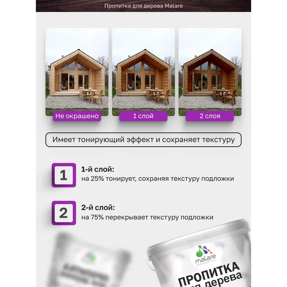 Фото 2 Антисептик защитно-декоративный для дерева Malare Wood от плесени и грибка полуматовая цвет без запаха тик 1.8 л Фото 2 Антисептик защитно-декоративный для дерева Malare Wood от плесени и грибка полуматовая цвет без запаха тик 1.8 л