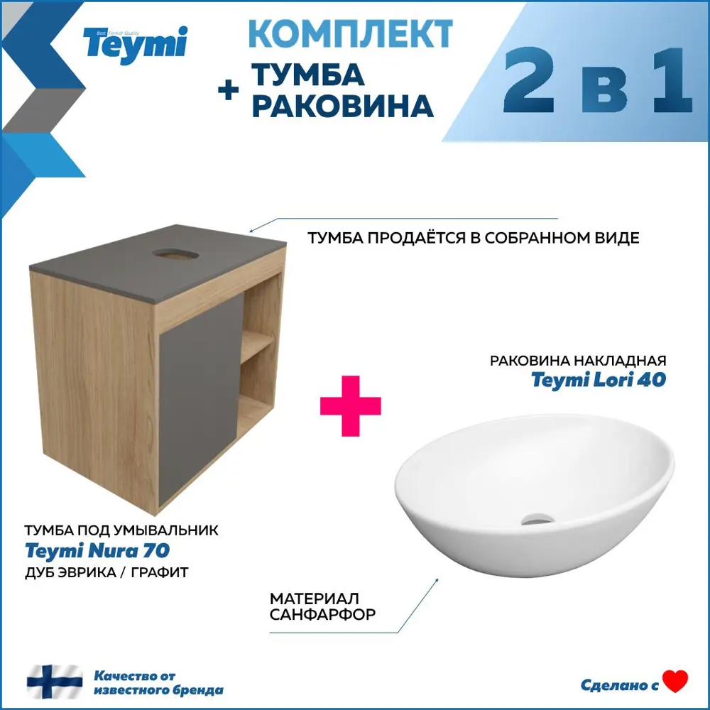 Фото 3 Комплект тумба под раковину Teymi Nura 70 дуб эврика/графит матовый и раковина Lori 40 F03517 Фото 3 Комплект тумба под раковину Teymi Nura 70 дуб эврика/графит матовый и раковина Lori 40 F03517