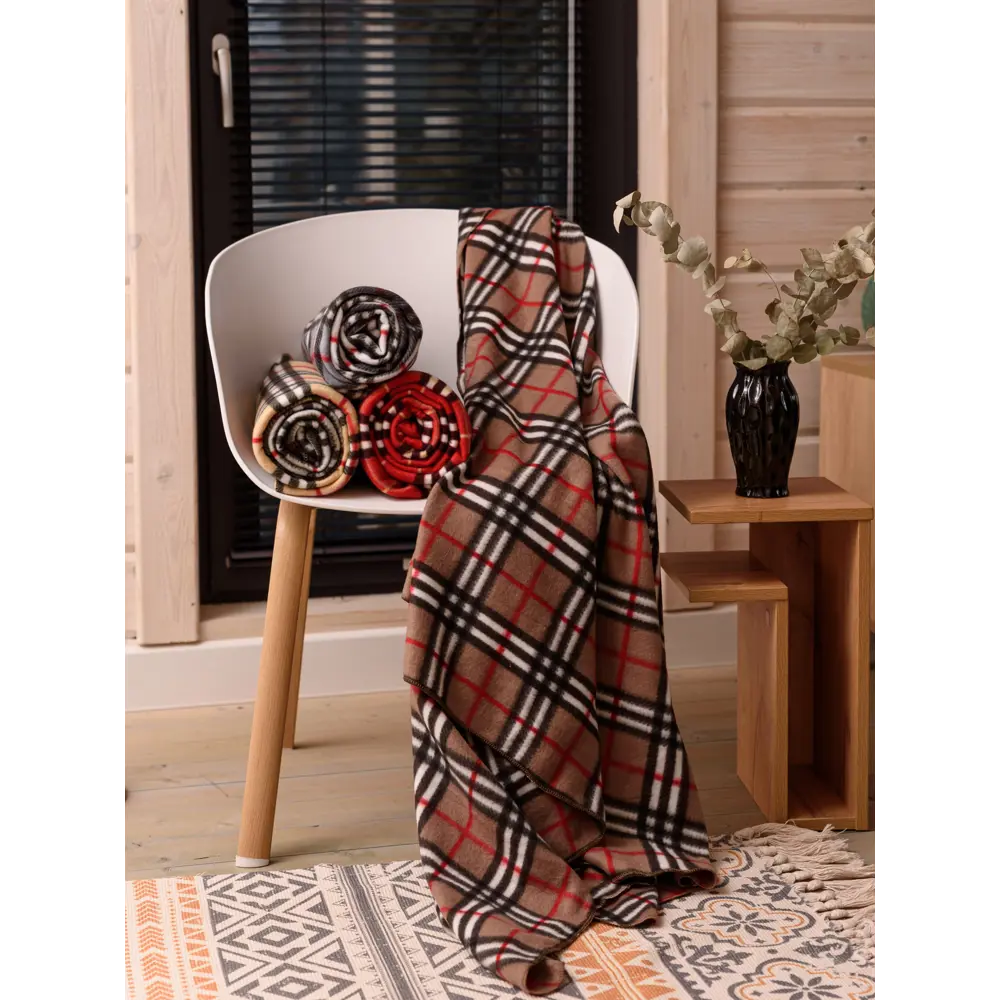 Фото 6 Плед Bio-line Плед PF130/капучино-клетка 130x160 см флис цвет коричневый