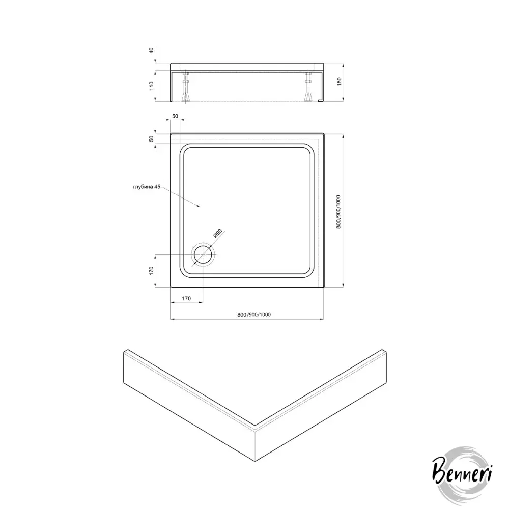 Фото 7 Поддон для душа Benneri BE.KV.100x100 100x100 Фото 7 Поддон для душа Benneri BE.KV.100x100 100x100