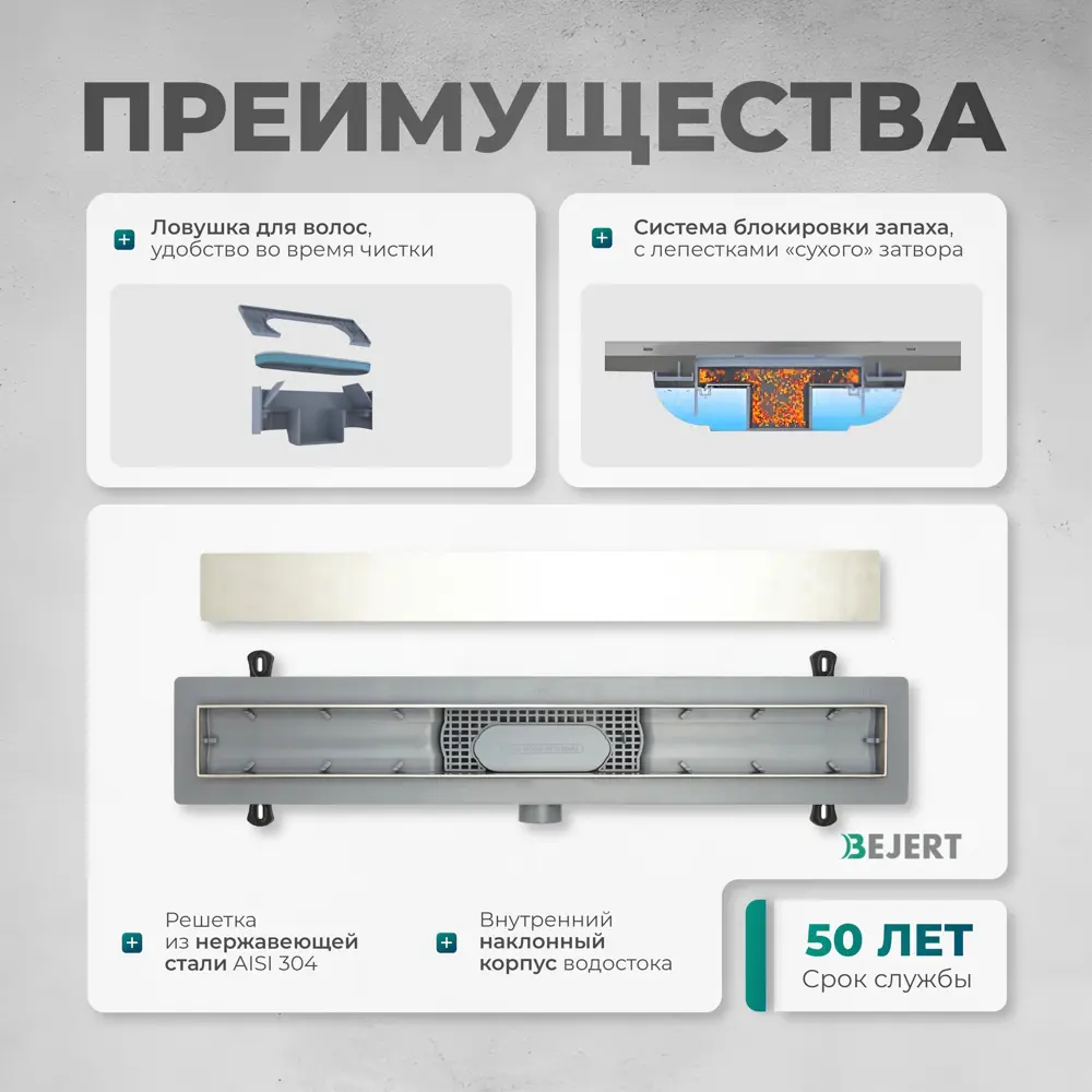 Фото 4 Трап для душа Bejert B716D280-11040-3 комбинированный затвор 11.2x80 см нержавеющая сталь Фото 4 Трап для душа Bejert B716D280-11040-3 комбинированный затвор 11.2x80 см нержавеющая сталь