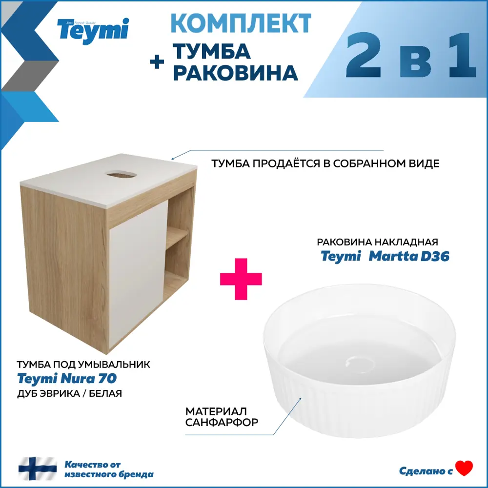 Фото 2 Тумба подвесная для ванной Teymi F15155 Nura 70 см корпус дуб фасад белый с раковиной Martta D36 Фото 2 Тумба подвесная для ванной Teymi F15155 Nura 70 см корпус дуб фасад белый с раковиной Martta D36