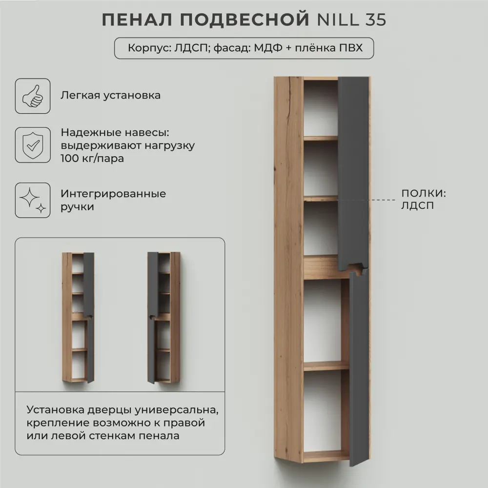 Фото 3 Пенал для ванной подвесной Итана Nill 35 35x30x175 графит Фото 3 Пенал для ванной подвесной Итана Nill 35 35x30x175 графит
