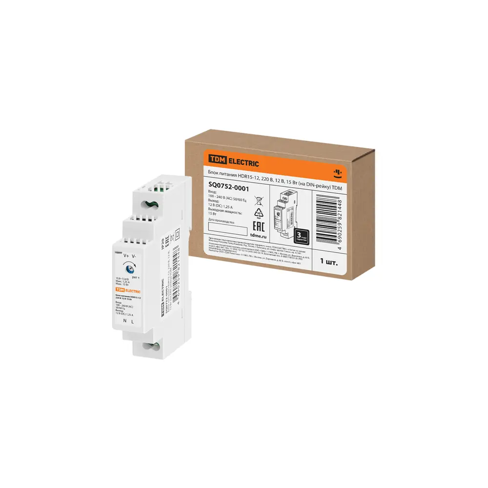 Фото 2 Блок питания TDM Electric HDR15-12 220 В 12 В 15 Вт на DIN-рейку Фото 2 Блок питания TDM Electric HDR15-12 220 В 12 В 15 Вт на DIN-рейку