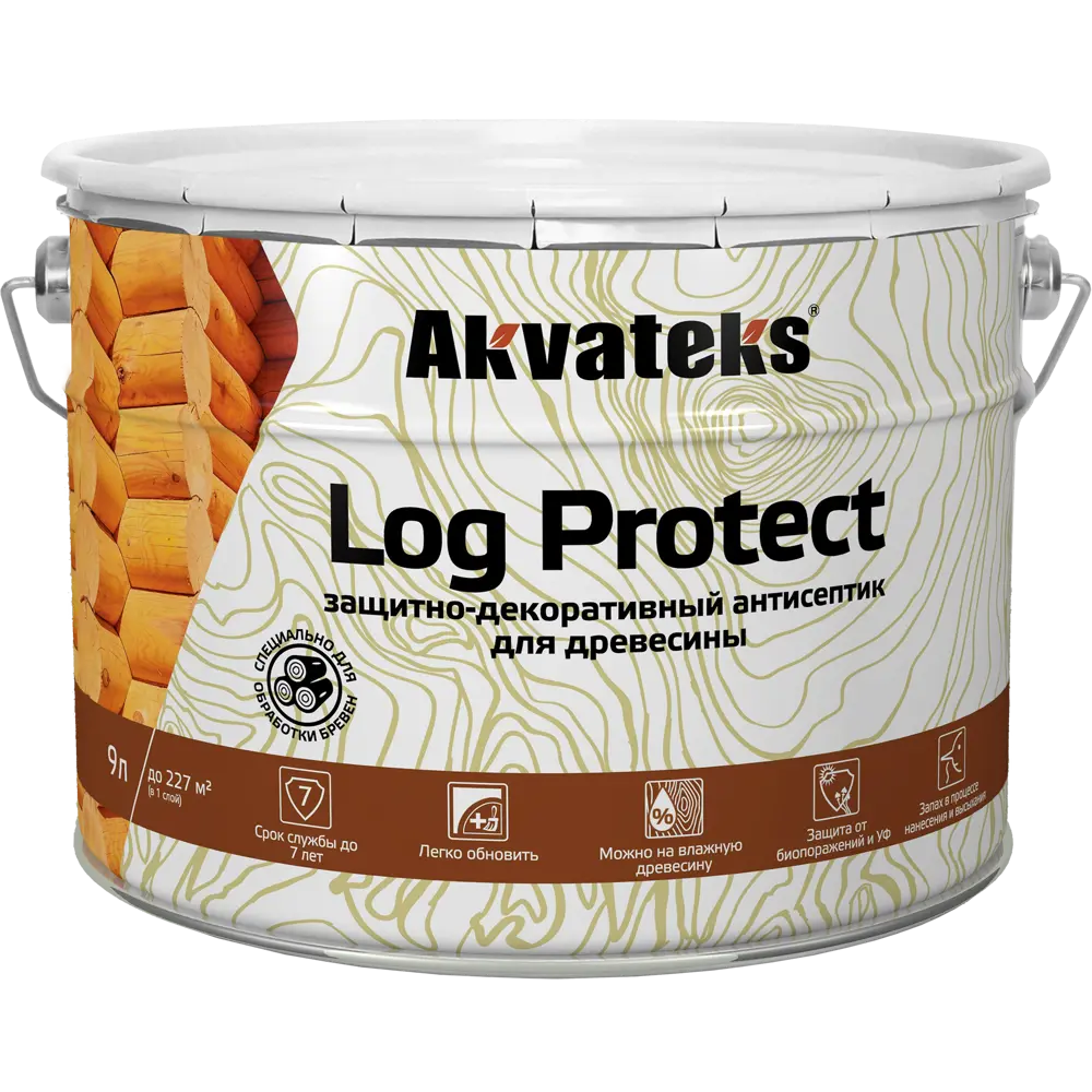 Фото 2 Антисептик защитно-декоративный для древесины и бревен Akvateks LOG Protect полуматовый прозрачный 9 л Фото 2 Антисептик защитно-декоративный для древесины и бревен Akvateks LOG Protect полуматовый прозрачный 9 л