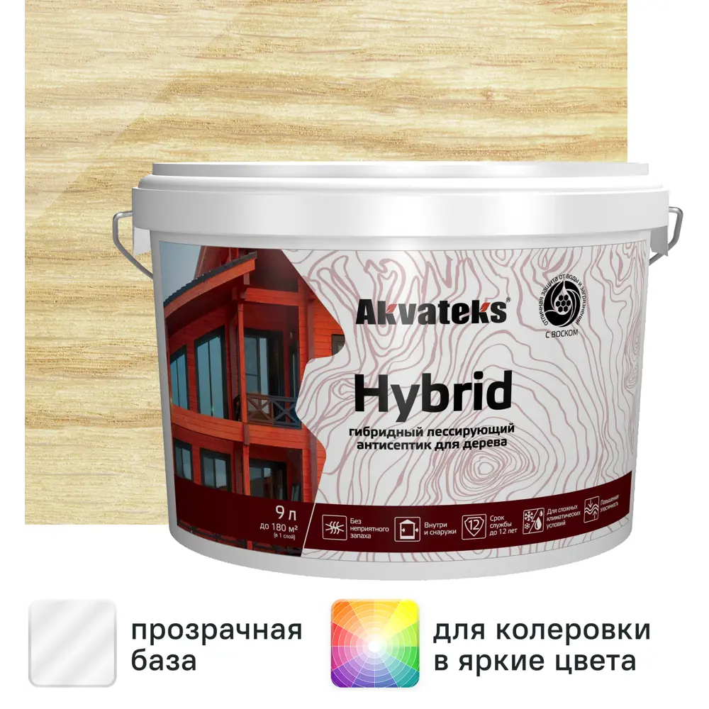 Фото Антисептик Akvateks Hybrid гибридный лессирующий полуматовый прозрачный 9 л Фото Антисептик Akvateks Hybrid гибридный лессирующий полуматовый прозрачный 9 л