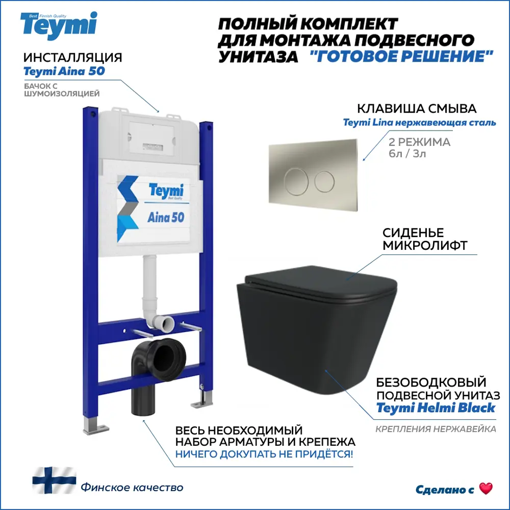 Фото Комплект 5 в 1 инсталляция с унитазом Teymi F13472 унитаз подвесной безободковый черный Helmi Black кнопка нержавеющая сталь Фото Комплект 5 в 1 инсталляция с унитазом Teymi F13472 унитаз подвесной безободковый черный Helmi Black кнопка нержавеющая сталь