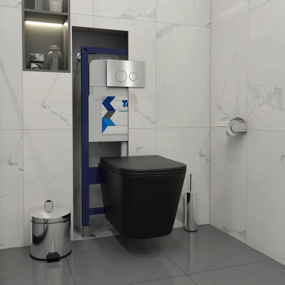 Фото 5 Комплект 5 в 1 инсталляция с унитазом Teymi F13472 унитаз подвесной безободковый черный Helmi Black кнопка нержавеющая сталь Фото 5 Комплект 5 в 1 инсталляция с унитазом Teymi F13472 унитаз подвесной безободковый черный Helmi Black кнопка нержавеющая сталь