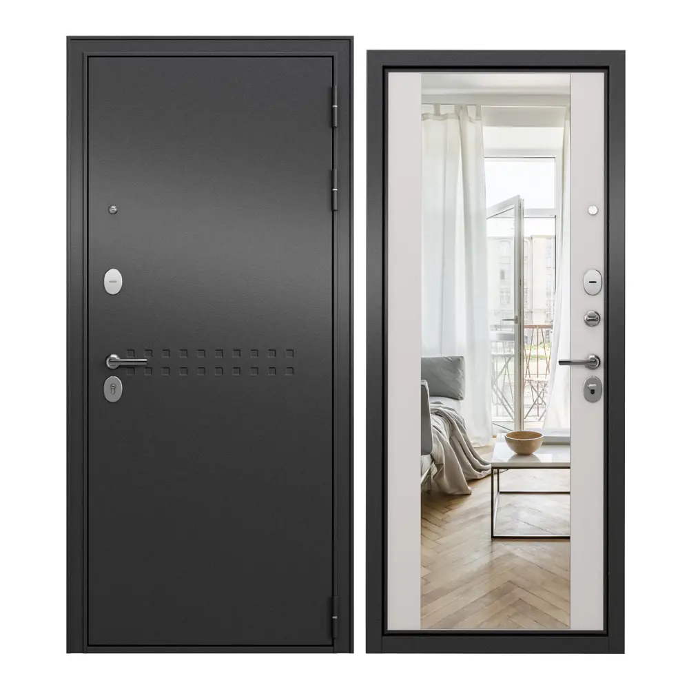 Фото Входная дверь Unicorn Loft правый 205x86см цвет антрацит букле/белый ларче с зеркалом Фото Входная дверь Unicorn Loft правый 205x86см цвет антрацит букле/белый ларче с зеркалом