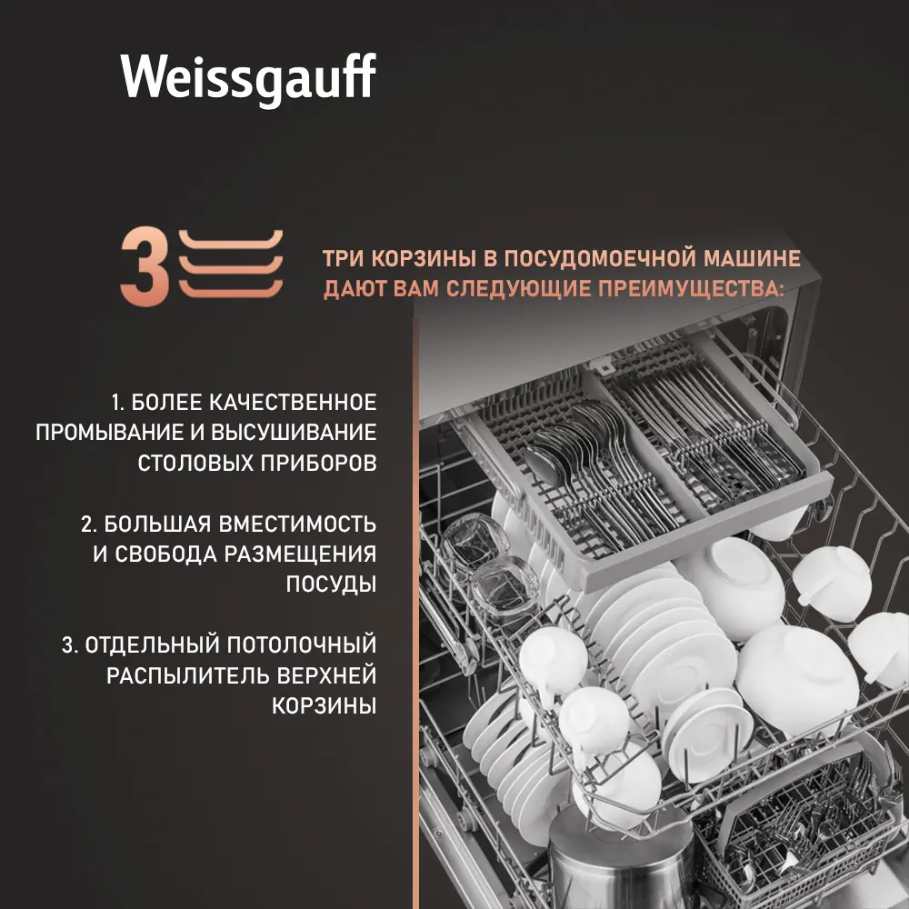 Фото 7 Встраиваемая посудомоечная машина Weissgauff BDW 6036 D AutoOpen 59.8 см 6 программ цвет серебристо-черный Фото 7 Встраиваемая посудомоечная машина Weissgauff BDW 6036 D AutoOpen 59.8 см 6 программ цвет серебристо-черный