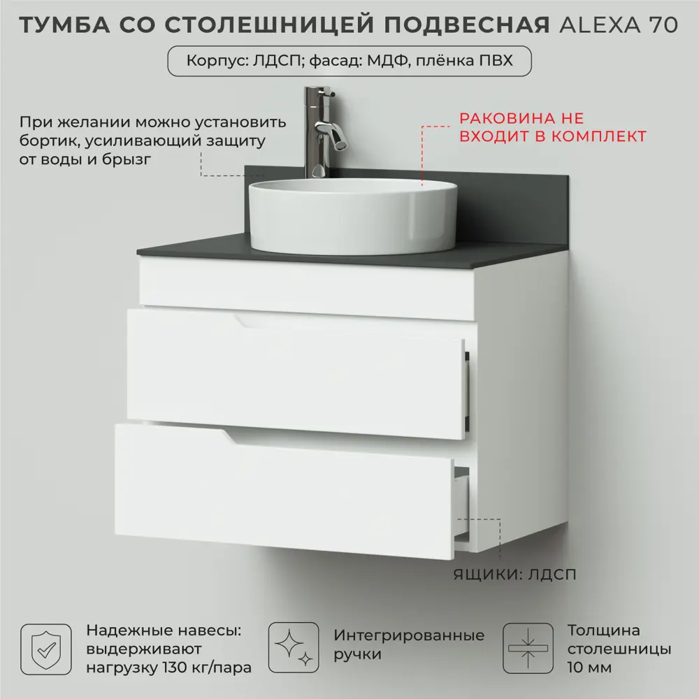 Фото 3 Тумба под раковину Итана Alexa 4657810334687 подвесная 70.20см цвет белый глянец Фото 3 Тумба под раковину Итана Alexa 4657810334687 подвесная 70.20см цвет белый глянец