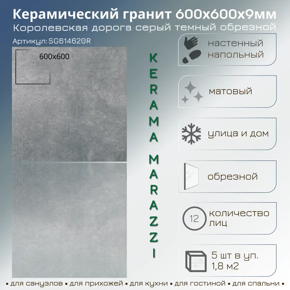 Фото 2 Керамогранит Kerama marazzi SG614620R 60x60см 1.8 м² цвет серый темный, цена за упаковку Фото 2 Керамогранит Kerama marazzi SG614620R 60x60см 1.8 м² цвет серый темный, цена за упаковку