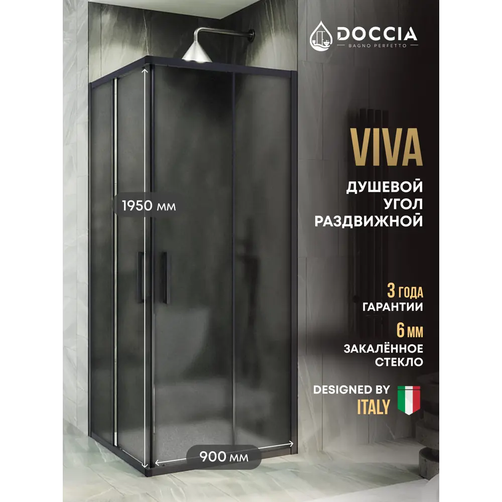 Фото Душевой уголок Doccia GLASS90y/GRMT/6BL угол 90x90см черный профиль эффект стекла матовый Фото Душевой уголок Doccia GLASS90y/GRMT/6BL угол 90x90см черный профиль эффект стекла матовый