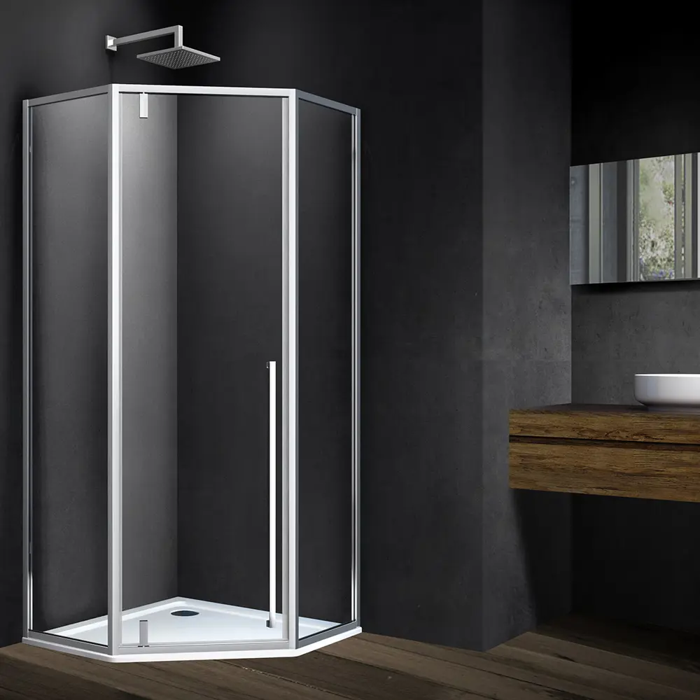 Фото Душевой уголок Vincea Penta VSP-3P100CL пятиугольный 100x100см хромированный профиль эффект стекла прозрачное закаленное стекло Фото Душевой уголок Vincea Penta VSP-3P100CL пятиугольный 100x100см хромированный профиль эффект стекла прозрачное закаленное стекло