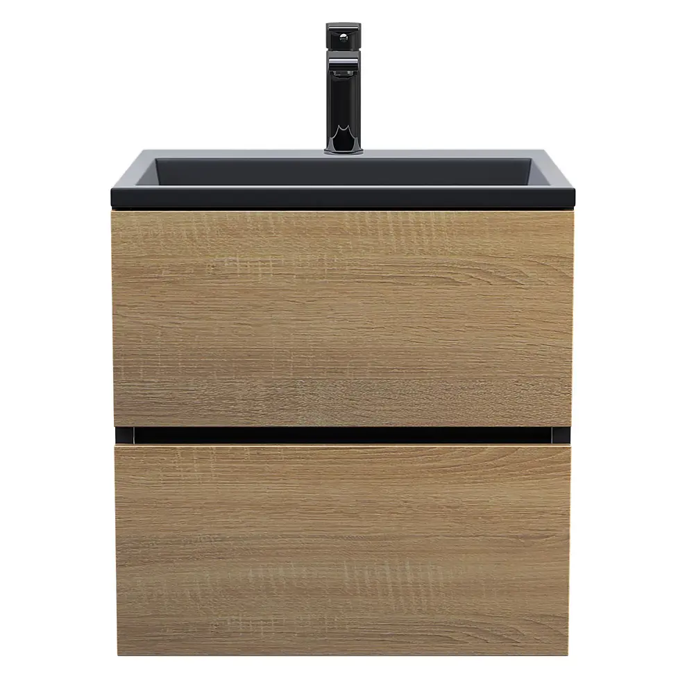 Фото Тумба с раковиной для ванной подвесная Uperwood Barsa 60x45x57 см черная/дуб сонома раковина черный глянец Фото Тумба с раковиной для ванной подвесная Uperwood Barsa 60x45x57 см черная/дуб сонома раковина черный глянец