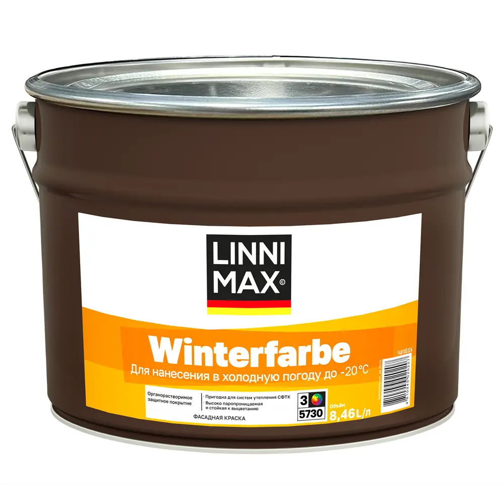 Фото Краска фасадная Linnimax winterfarbe матовая база C бесцветная 8.46 л Фото Краска фасадная Linnimax winterfarbe матовая база C бесцветная 8.46 л