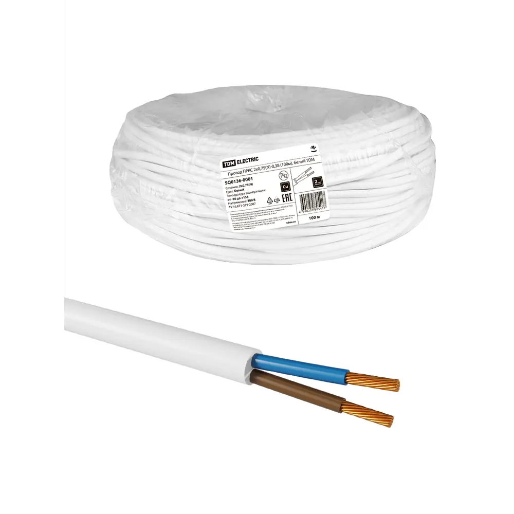 Фото Провод Tdm electric ПРКС 2x0.75(N) 100 м цвет белый Фото Провод Tdm electric ПРКС 2x0.75(N) 100 м цвет белый