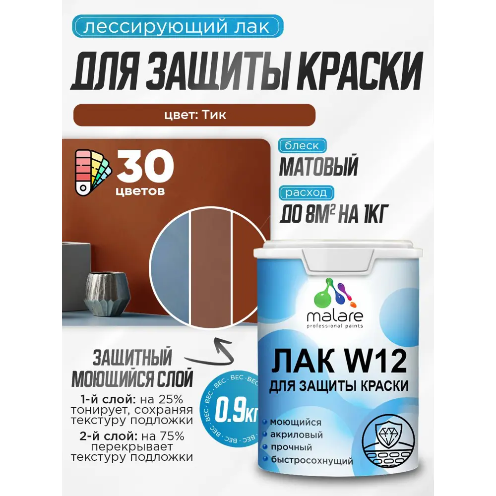 Фото Лак для защиты акриловых красок тонирующий Malare Series W моющийся экологичный матовый тик 0.9 кг Фото Лак для защиты акриловых красок тонирующий Malare Series W моющийся экологичный матовый тик 0.9 кг