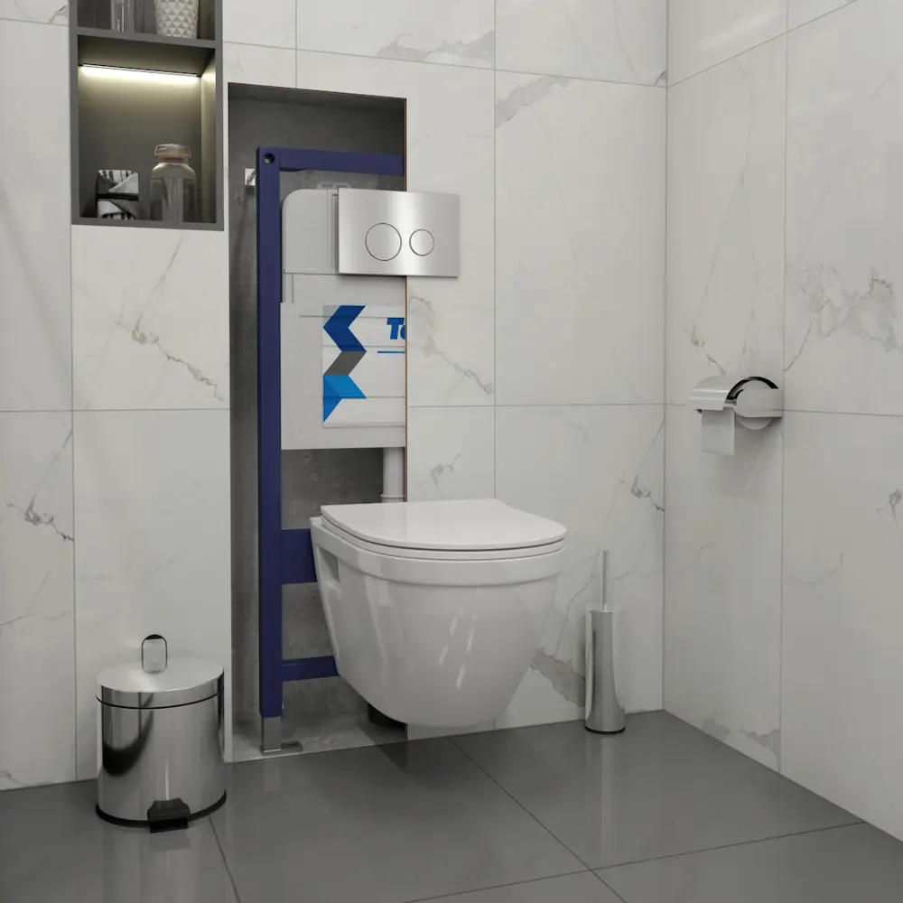 Фото 5 Комплект Teymi F13486 5 в 1 инсталляция с унитазом унитаз подвесной безободковый Vitra кнопка нержавеющая сталь