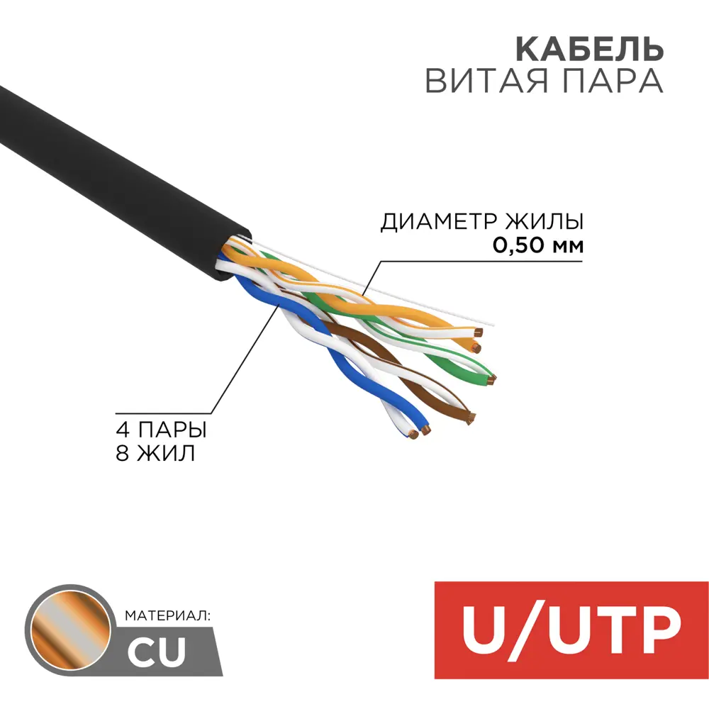 Фото Кабель витая пара Rexant U/UTP CAT 5e PE 4PR 24AWG outdoor solid черный 305 м Фото Кабель витая пара Rexant U/UTP CAT 5e PE 4PR 24AWG outdoor solid черный 305 м