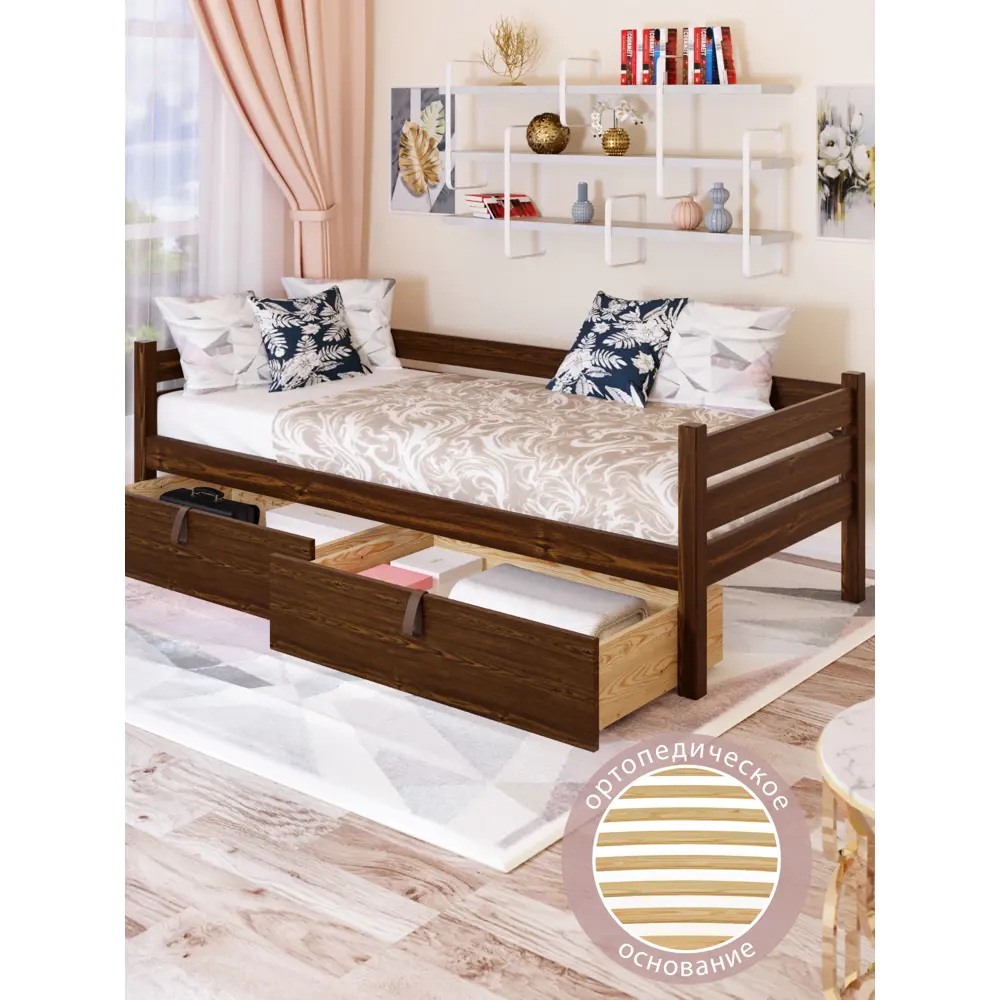 Фото 6 Тахта односпальная Solarius орто основание с 2 выкатными ящиками 100x63x170 см сосна цвет темный дуб Фото 6 Тахта односпальная Solarius орто основание с 2 выкатными ящиками 100x63x170 см сосна цвет темный дуб