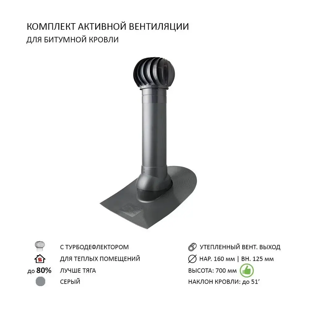 Фото Турбодефлектор Polivent TD160 утепленный Н700 для битумной кровли цвет серый Фото Турбодефлектор Polivent TD160 утепленный Н700 для битумной кровли цвет серый